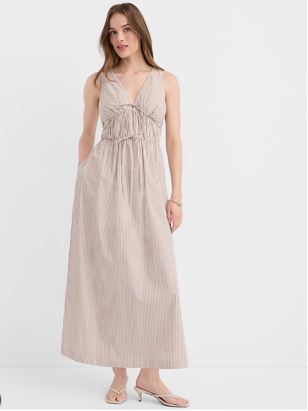 LOFT Beige Stripe Maxi Dress with V-Neck and Drawstring